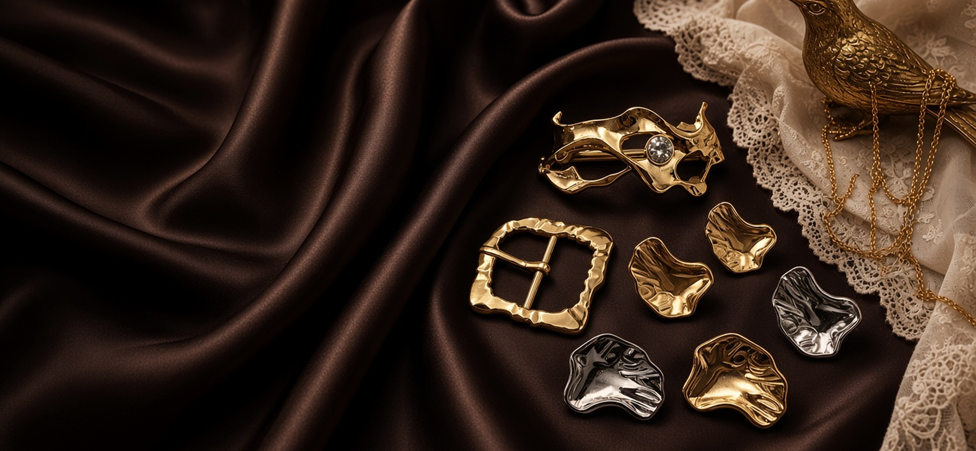 Gold metal buttons, scarf buckle, pin buckle and ivory lace on dark silk