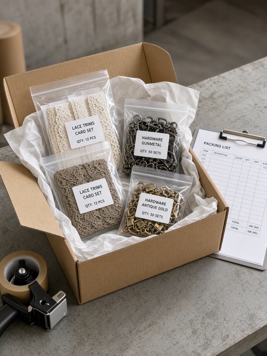Export carton packed with labeled trim bags